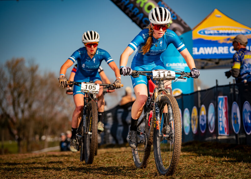 Girls racing mountain bikes